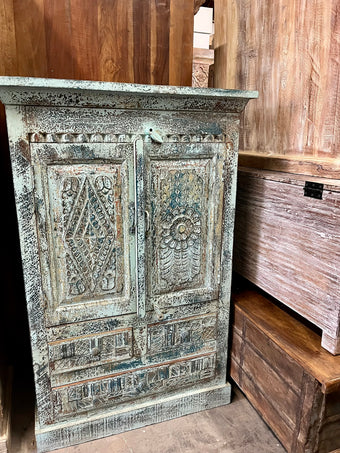 Vintage Blue Cabinet Floral Carved Entryway Accent Table 49